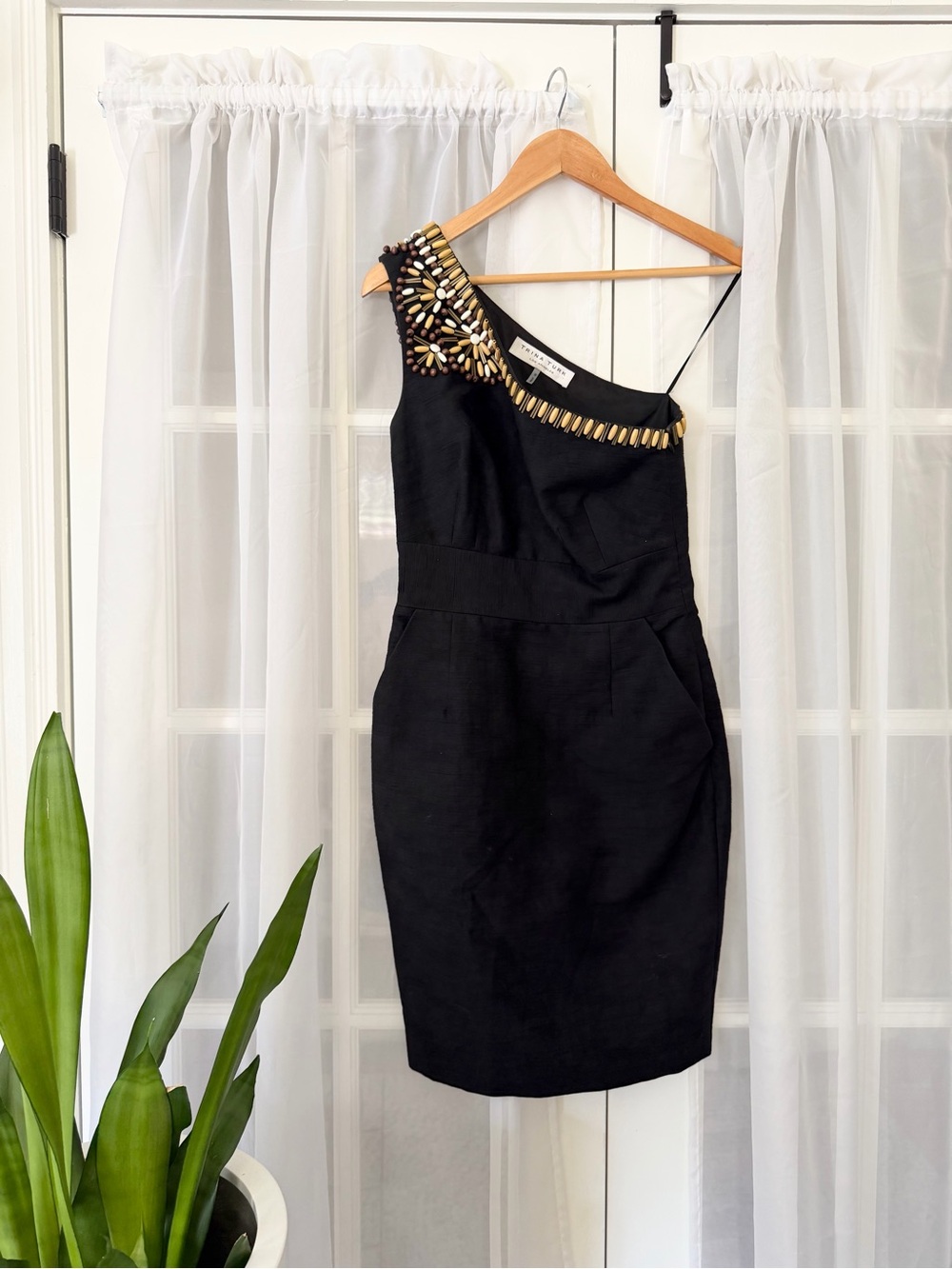 Trina Turk Asymmetric One Shoulder Wood Beads Embellishment Dress Size 0
